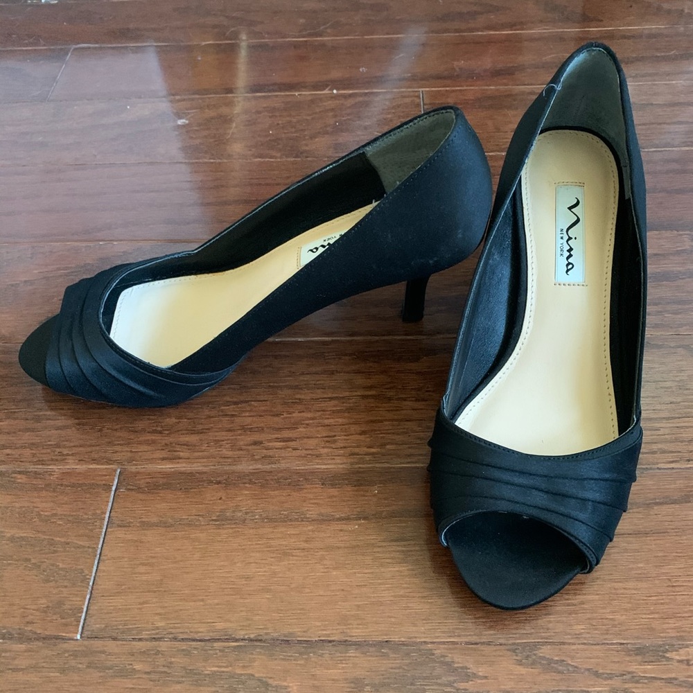 NINA Black Satin Peep Toe Heel Size 7